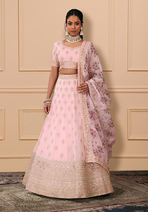 Pastel Pink Zari Floral Embroidered Lehenga Set With Blouse And Printed Dupatta