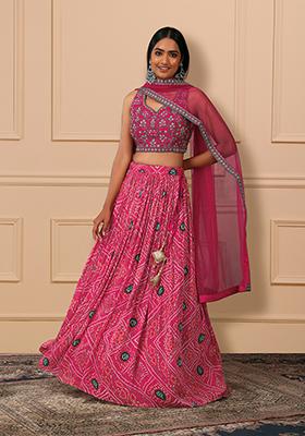 Pink Bandhani Print Lehenga Set With Embroidered Blouse And Dupatta
