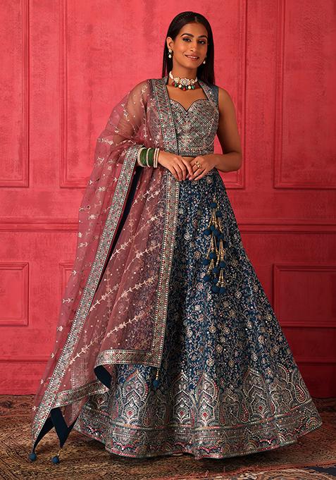 Teal Floral Embroidered Lehenga Set With Blouse And Contrast Dupatta
