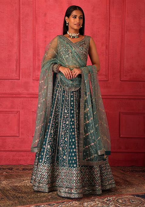 Turquoise Blue Thread Embroidered Lehenga Set With Blouse And Contrast Dupatta