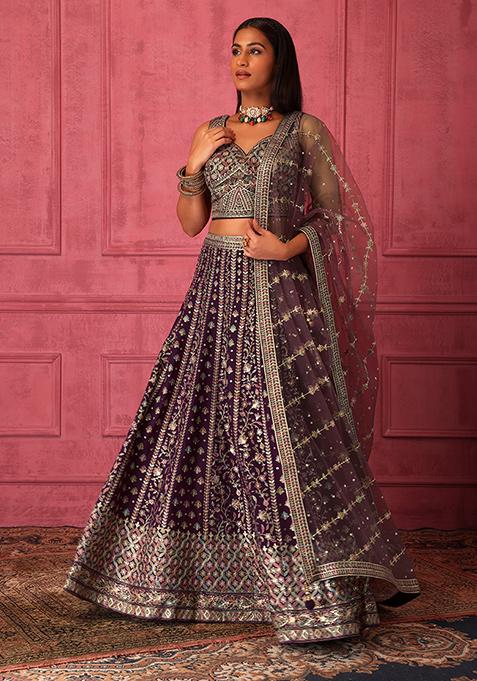 Wine Thread Embroidered Lehenga Set With Blouse And Contrast Dupatta