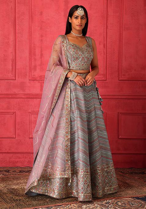 Grey Thread And Sequin Embroidered Lehenga Set With Blouse And Contrast Dupatta
