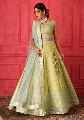 Yellow And Blue Embroidered Lehenga Set With Blouse And Contrast Dupatta