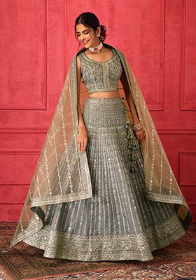 Grey Zari Embroidered Lehenga Set With Blouse And Contrast Dupatta