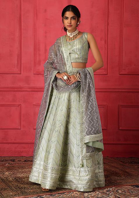 Pastel Green Zari Embroidered Lehenga Set With Blouse And Contrast Dupatta