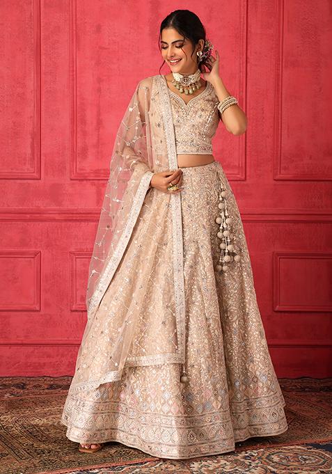 Beige Thread Embroidered Lehenga Set With Blouse And Dupatta