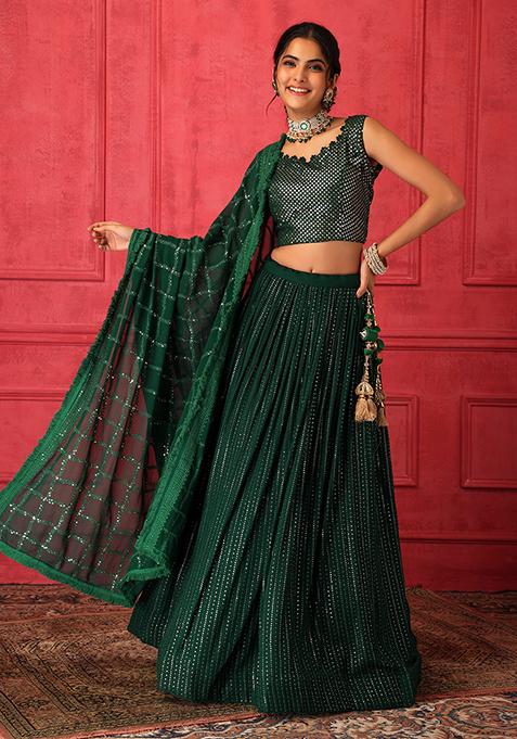 Emerald Green Sequin Embroidered Lehenga Set With Blouse And Dupatta
