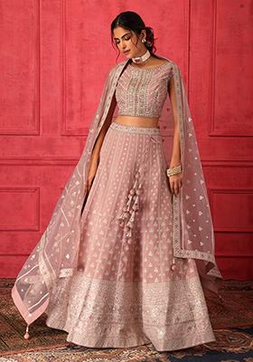 Pink Thread Embroidered Lehenga Set With Blouse And Dupatta
