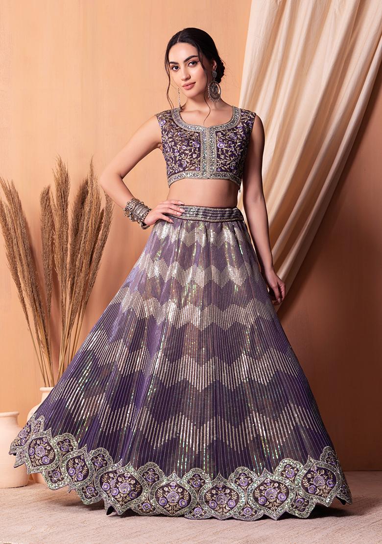 Gopi Vaid Organza Lehenga Set | Purple, Blouse, V Neck, Sleeveless |  Organza lehenga, Embellished blouse, Silk lehenga