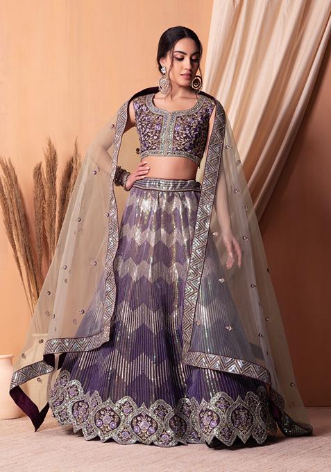 Purple Chevron Sequin Embroidered Lehenga Set With Blouse And Dupatta