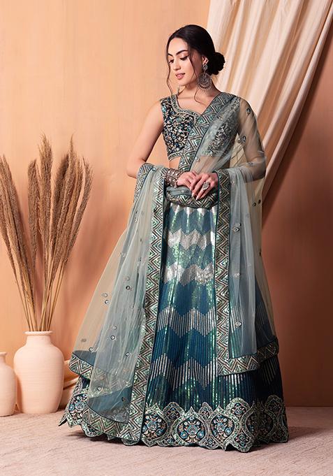Teal Sequin Embroidered Lehenga Set With Blouse And Dupatta