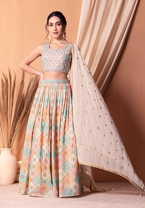 Ivory Multicolour Embroidered Lehenga Set With Blouse And Dupatta