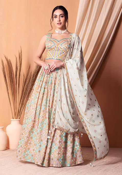 Ivory Abstract Embroidered Lehenga Set With Blouse And Dupatta