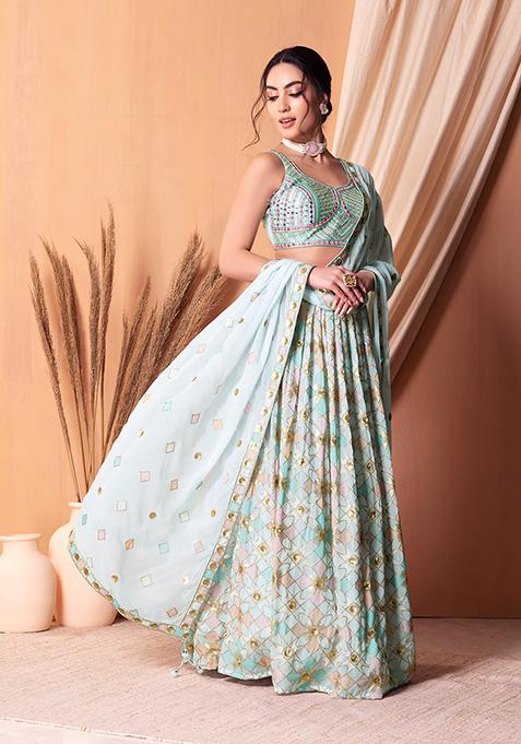Pastel Blue Multicolour Embroidered Lehenga Set With Blouse And Dupatta