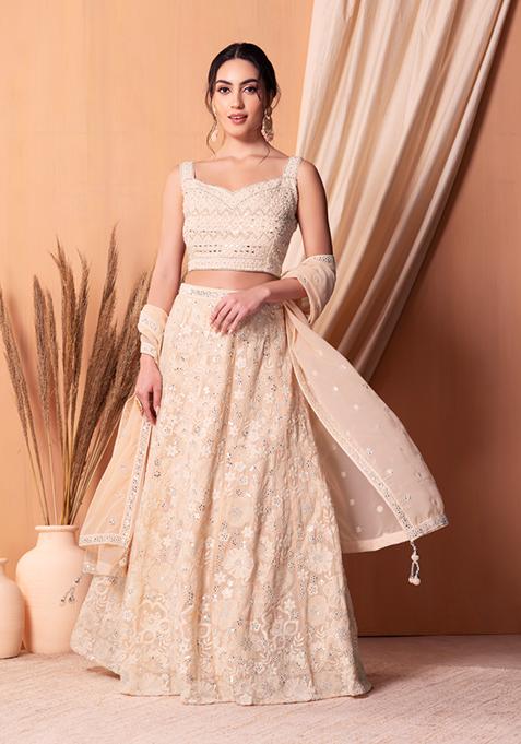 Peach Floral Thread Embroidered Lehenga Set With Blouse And Dupatta