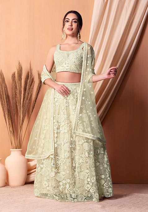 Beige Floral Thread Embroidered Lehenga Set With Blouse And Dupatta