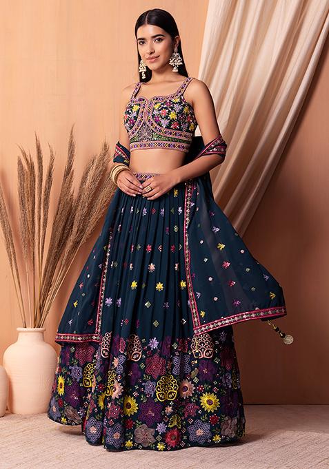 Teal Multicolour Embroidered Lehenga Set With Blouse And Dupatta