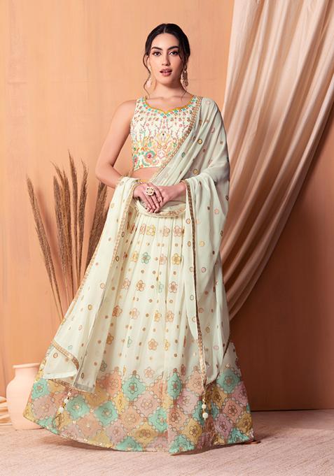 Ivory Multicolour Floral Embroidered Lehenga Set With Blouse And Dupatta