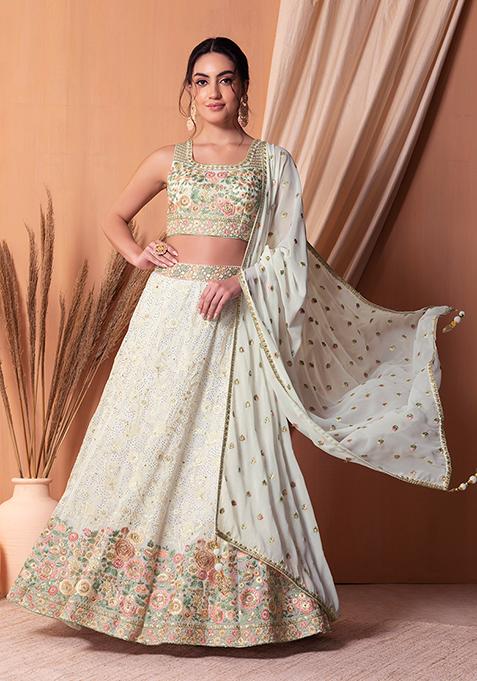 Ivory Embroidered Lehenga Set With Embroidered Blouse And Dupatta