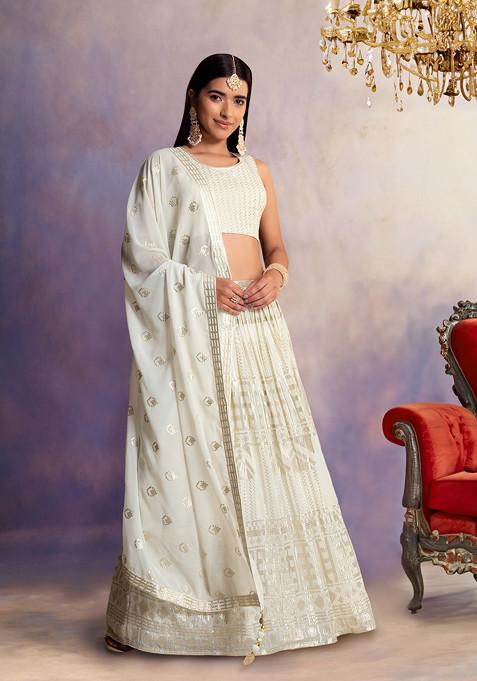 Ivory Sequin Embroidered Lehenga Set With Blouse And Dupatta