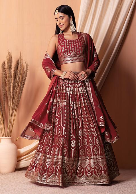 Red Matte Sequin Embroidered Lehenga Set With Blouse And Dupatta