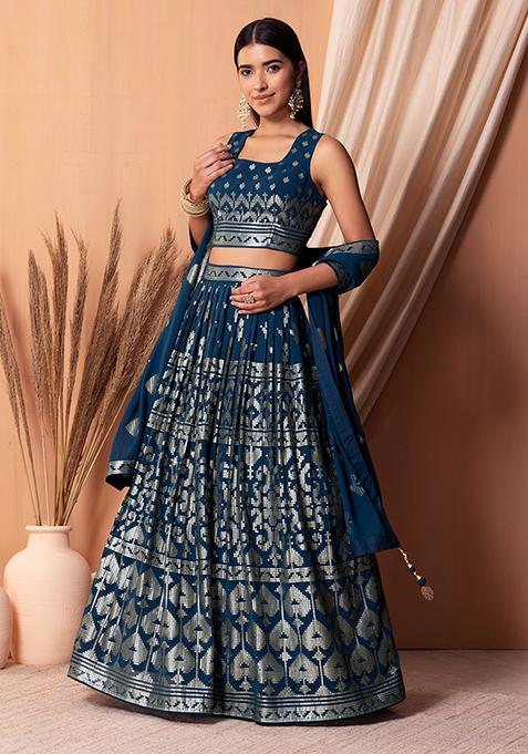 Blue Matte Sequin Embroidered Lehenga Set With Blouse And Dupatta