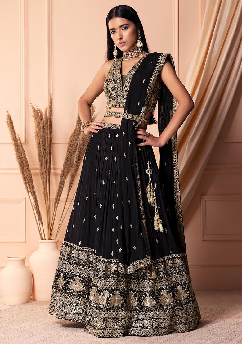 Buy Juniper Golden & Black Embroidered Lehenga Choli Set for Women Online @  Tata CLiQ