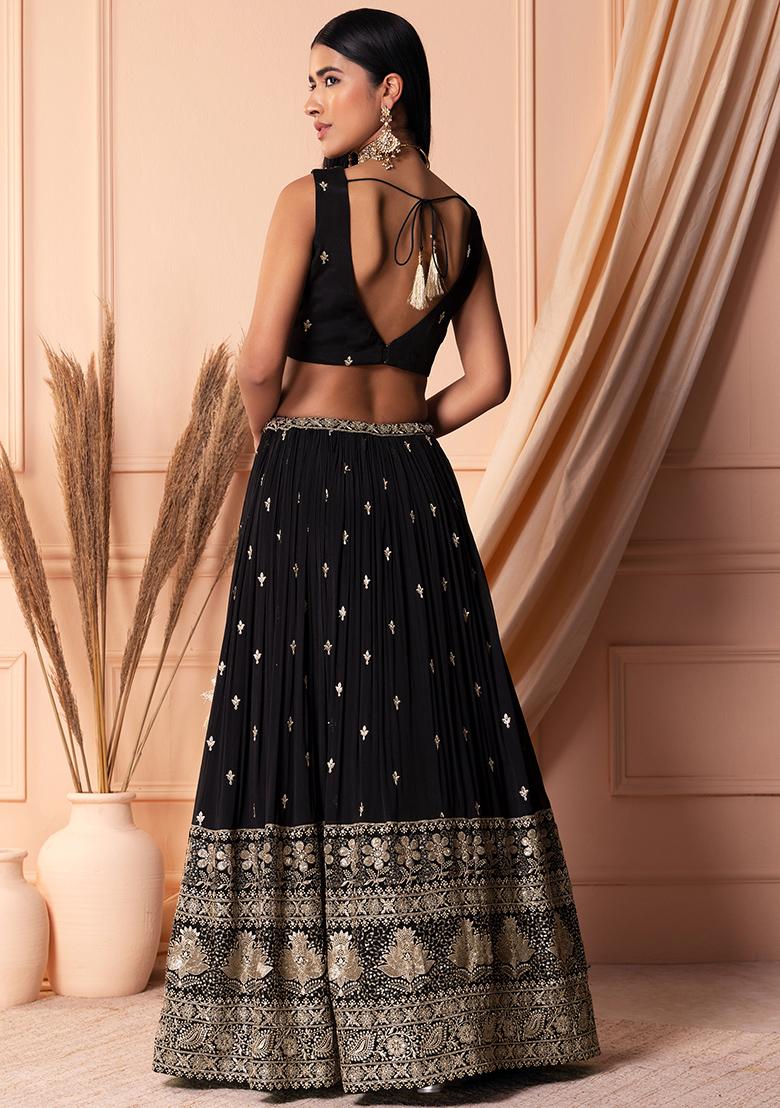 Black Zari And Sequin Embroidered Lehenga Set With Blouse And Dupatta And Belt - Indya
