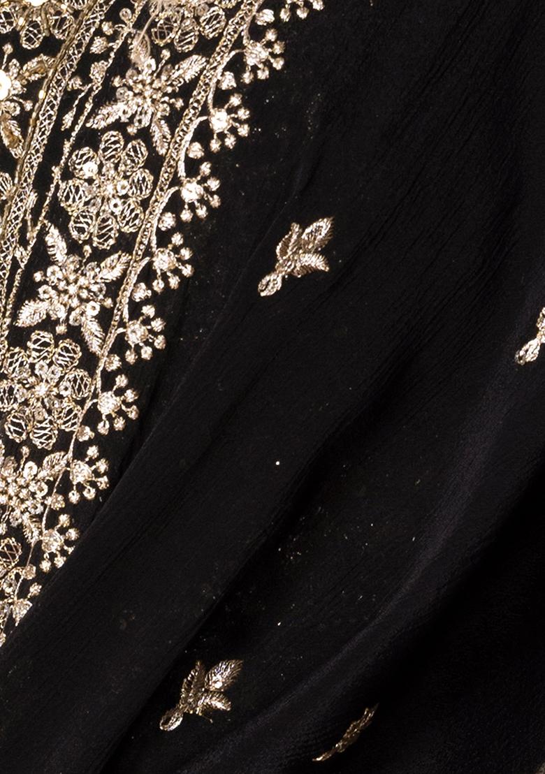 Black Zari And Sequin Embroidered Lehenga Set With Blouse And Dupatta And Belt - Indya