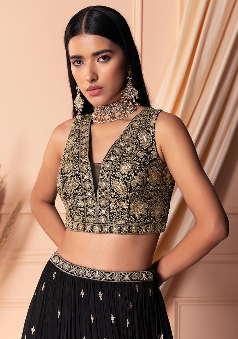 Black Zari And Sequin Embroidered Lehenga Set With Blouse And Dupatta And Belt - Indya