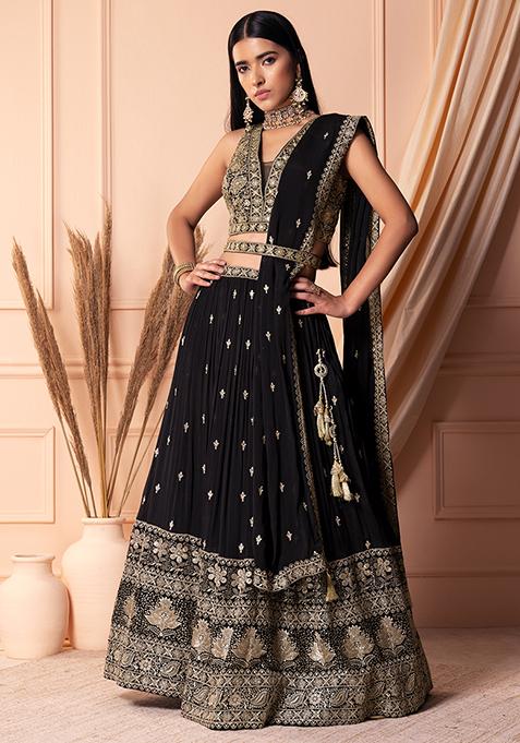 Black Zari And Sequin Embroidered Lehenga Set With Blouse And Dupatta And Belt