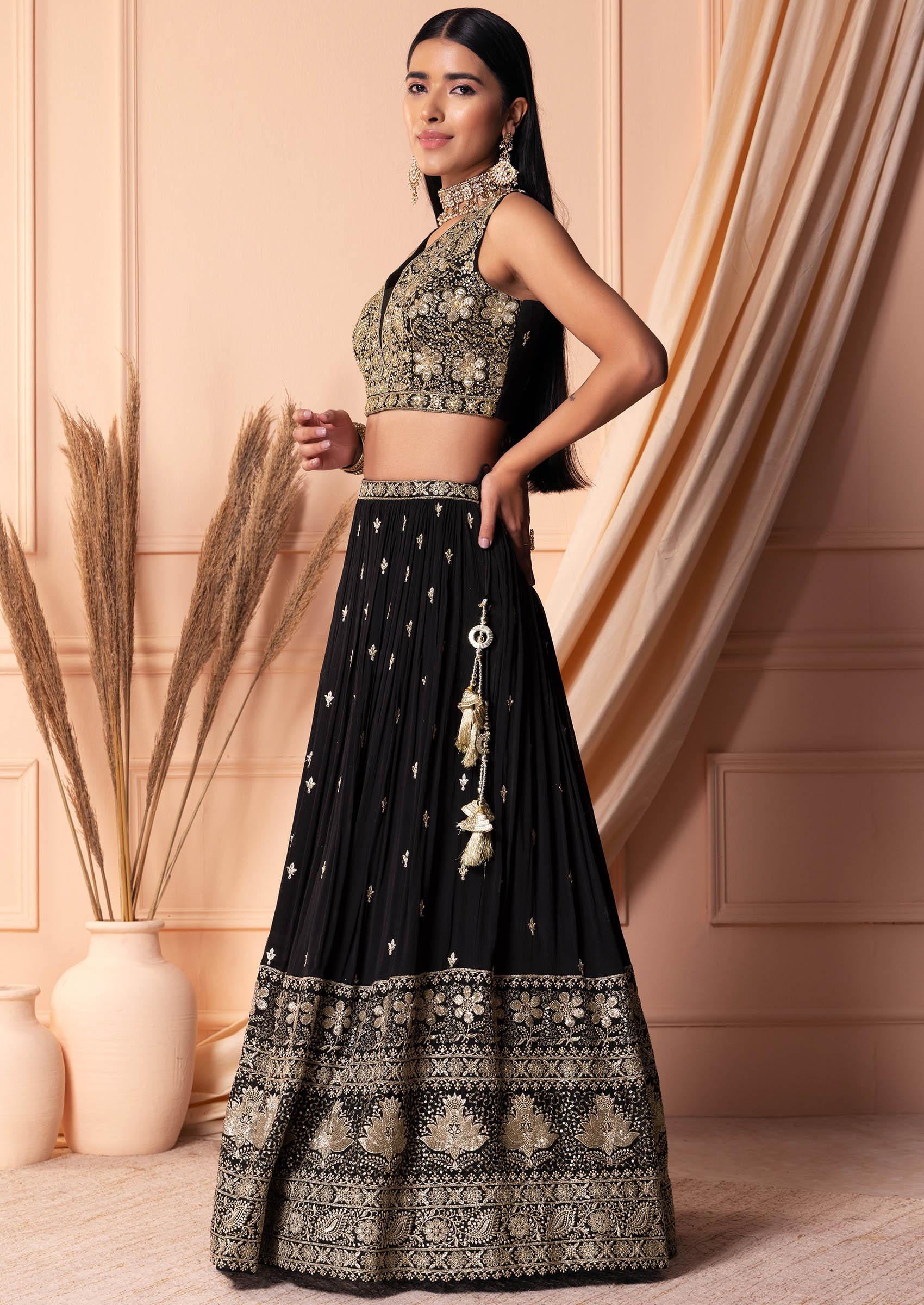 Black Zari And Sequin Embroidered Lehenga Set With Blouse And Dupatta And Belt - Indya