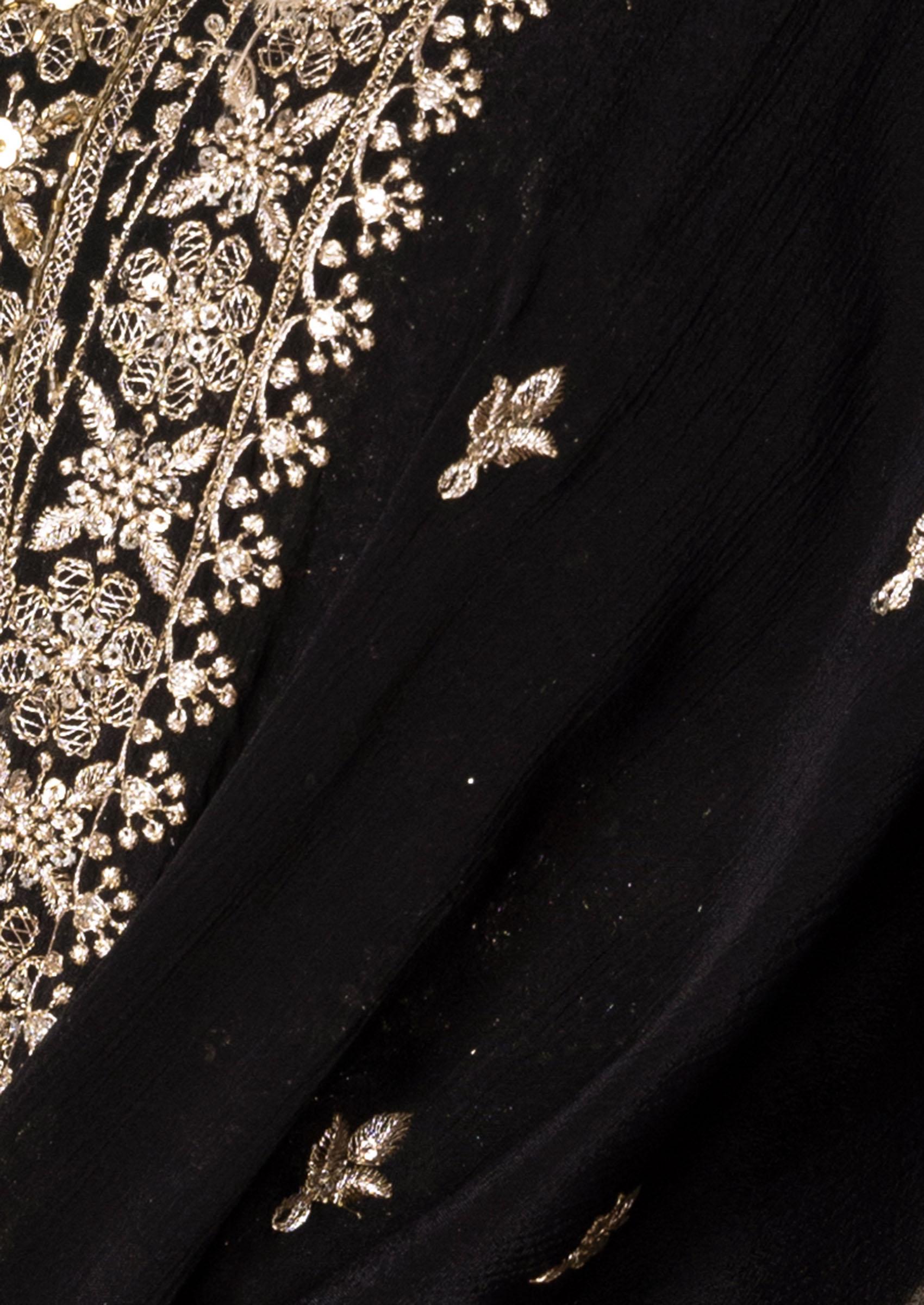 Black Zari And Sequin Embroidered Lehenga Set With Blouse And Dupatta And Belt - Indya