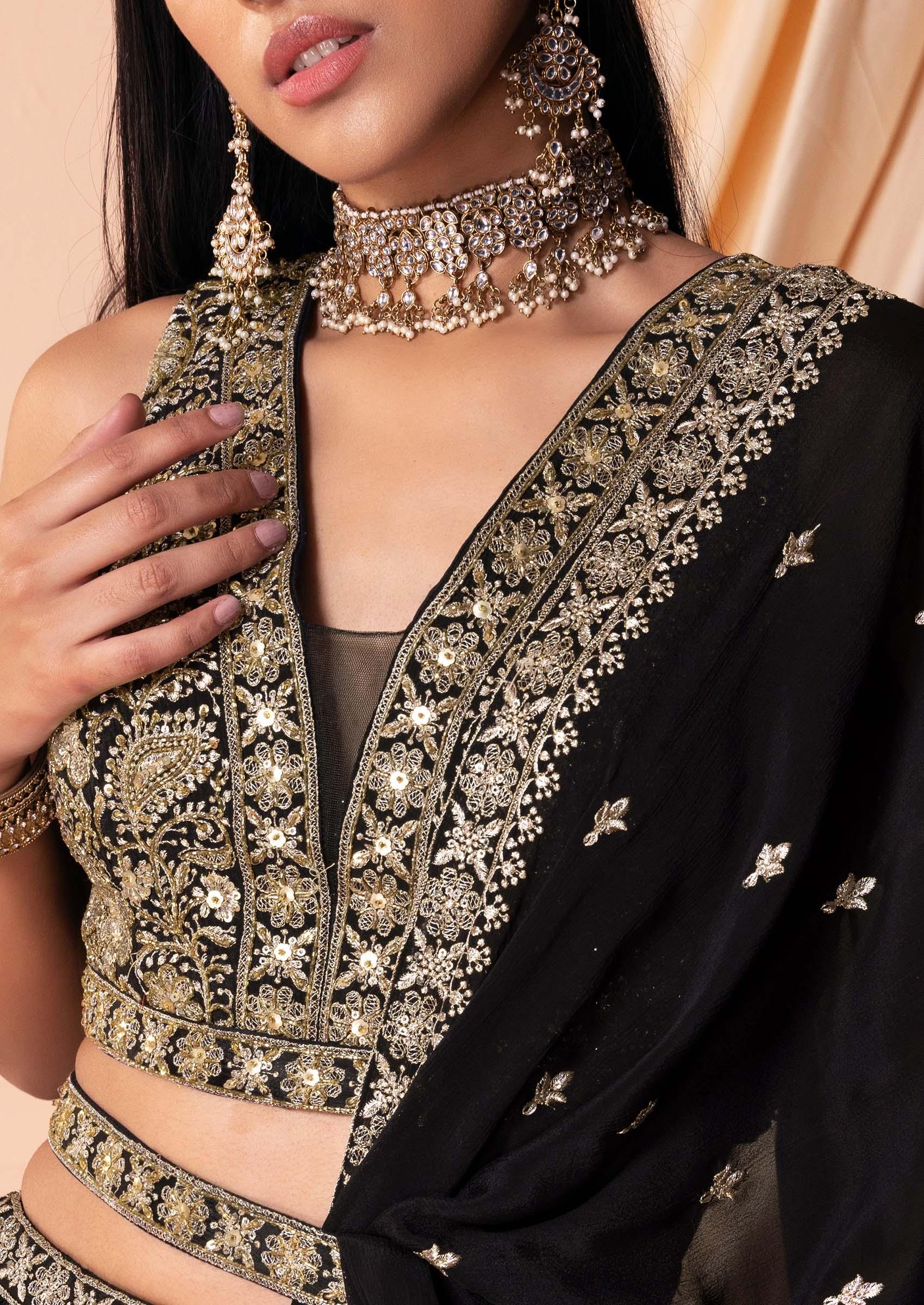 Black Zari And Sequin Embroidered Lehenga Set With Blouse And Dupatta And Belt - Indya