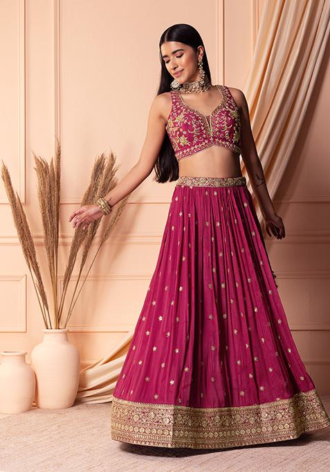 Buy Women Dark Pink Zari And Sequin Embroidered Lehenga Set With Blouse And Dupatta Ill00341