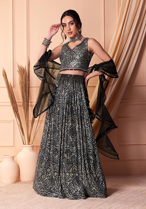 Black Sequin Embroidered Printed Lehenga Set With Blouse And Dupatta