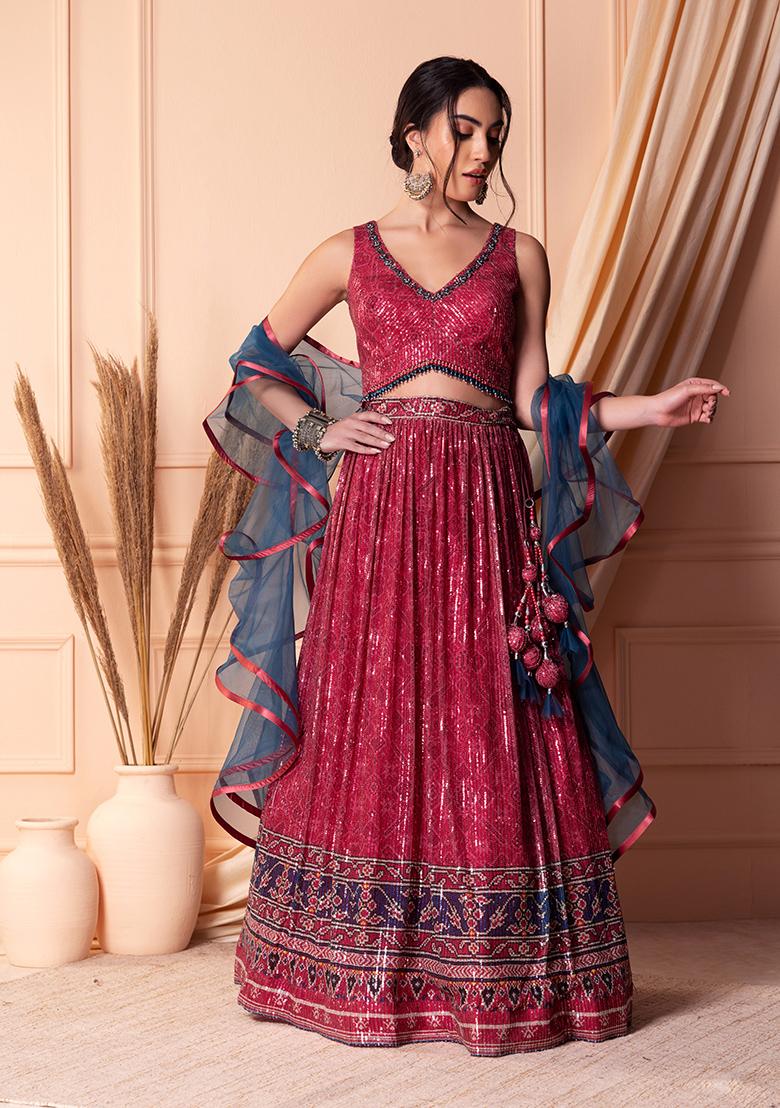 Soft Net Base Peach Color Embroidered Lehenga Choli With Contrast Blouse