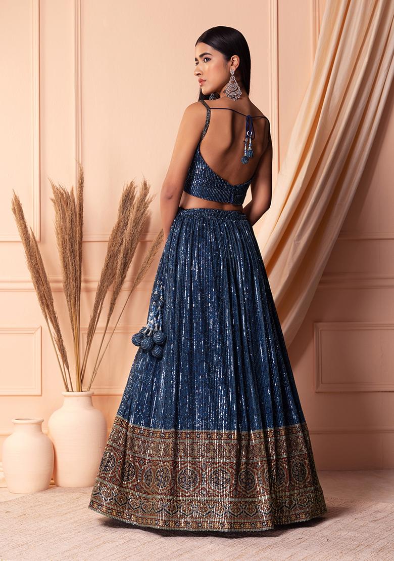 Buy Women Navy Blue Floral Print Silk Lehenga Set With Embroidered Blouse  And Dupatta - Ready To Wear Lehengas - Indya