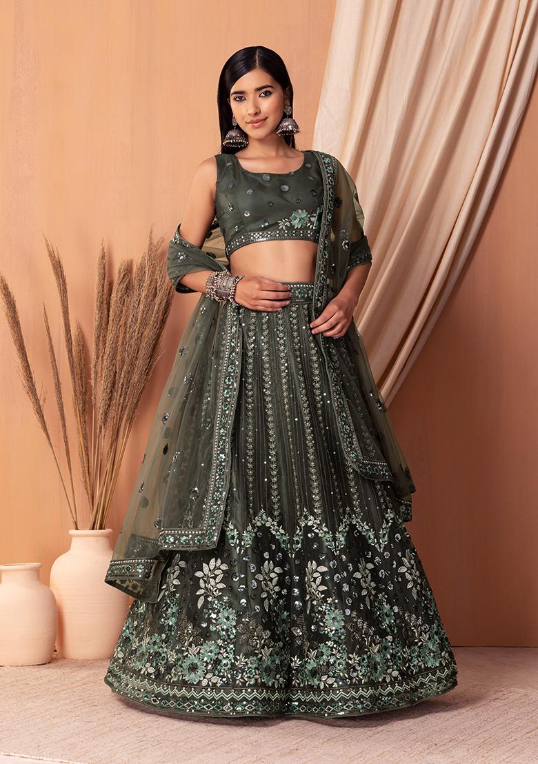 Buy Women Dark Green Sequin And Zari Embroidered Lehenga Set With Blouse  And Dupatta - Feed Luxe Lehenga - Indya