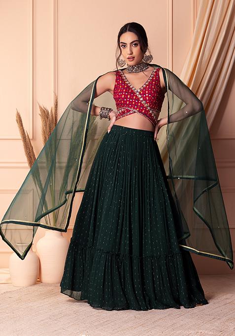 Dark Green Embellished Tiered Lehenga Set With Contrast Blouse And Dupatta