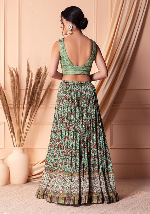 Buy Women Sage Green Floral Print And Embroidered Lehenga Set With Blouse And Dupatta Lehenga