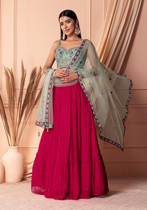 Hot Pink Embroidered Tiered Lehenga Set With Contrast Blouse And Dupatta