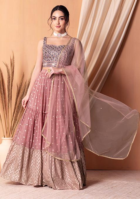 Pastel Pink Jacquard Lehenga Set With Embroidered Blouse And Dupatta