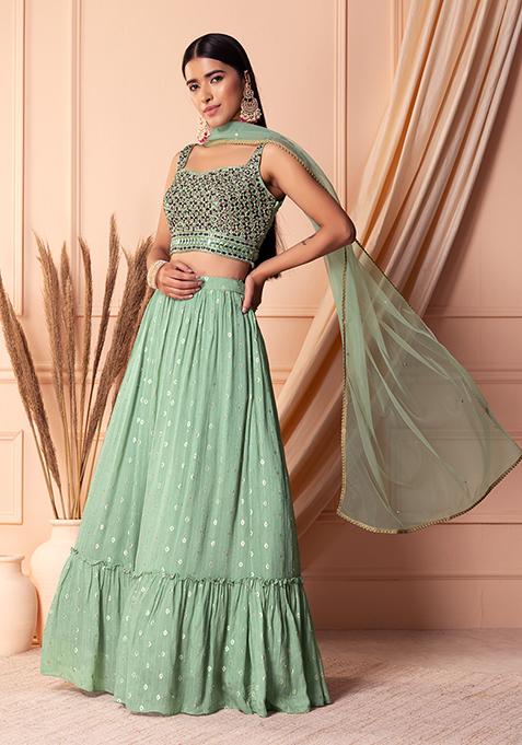 Pastel Green Jacquard Lehenga Set With Embroidered Blouse And Dupatta