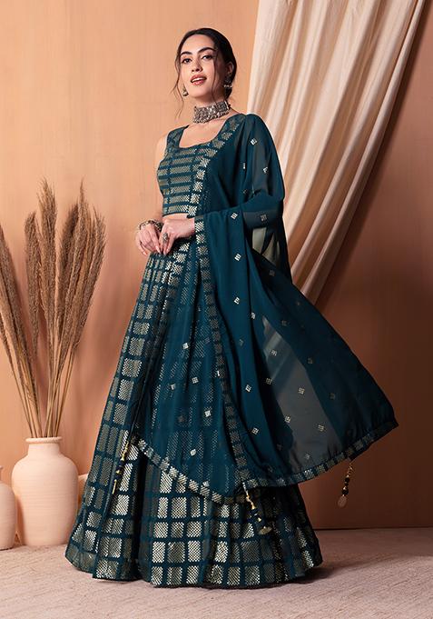 Teal Matte Sequin Embroidered Lehenga Set With Blouse And Dupatta