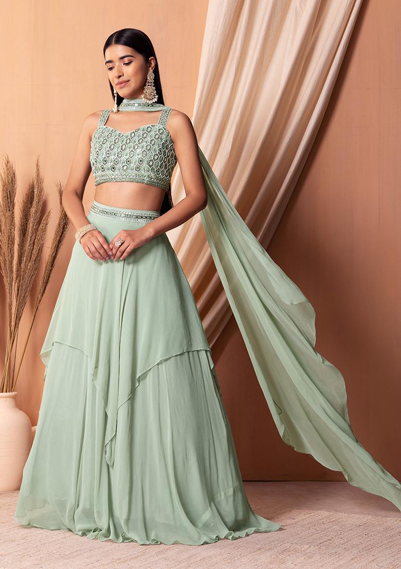 Buy Women Sage Green Embroidered Lehenga Set With Strappy Blouse And  Dupatta - Luxe Wedding Clothing - Indya