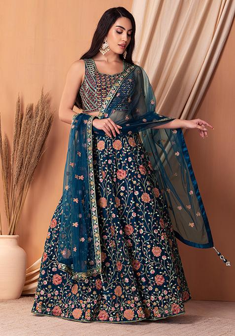 Teal Blue Floral Jaal Embroidered Lehenga Set With Blouse And Dupatta
