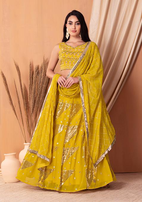 Mustard Sequin Embroidered Lehenga Set With Blouse And Dupatta