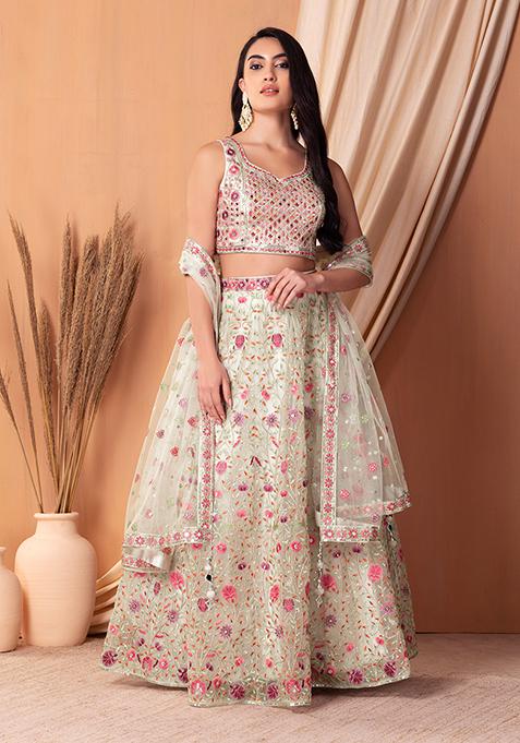 Off White Floral Jaal Embroidered Lehenga Set With Blouse And Dupatta