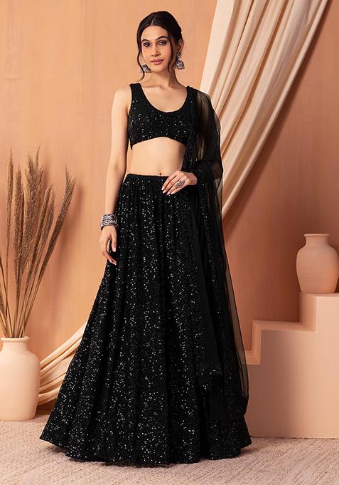 Black Tonal Sequin Embroidered Lehenga Set With Embroidered Blouse And Dupatta